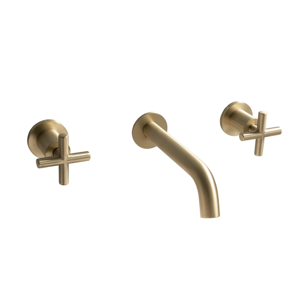Alma Brushed Brass Gold Cross Tap Handles and Wall Spout Set