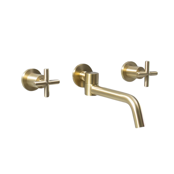 Alma Brushed Brass Gold Cross Tap Handles and Swivel Wall Spout Set