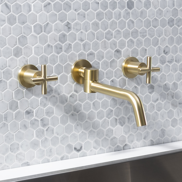 Alma Brushed Brass Gold Cross Tap Handles and Swivel Wall Spout Set
