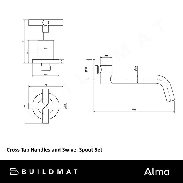 Alma Brushed Brass Gold Cross Tap Handles and Swivel Wall Spout Set