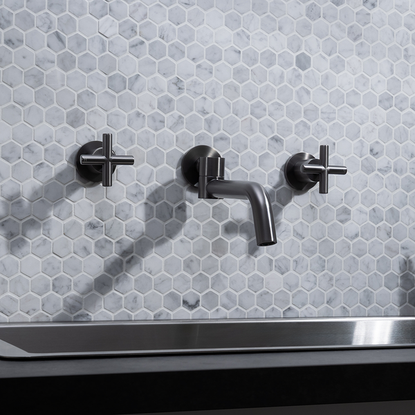 Alma Brushed Gunmetal Cross Tap Handles and Swivel Wall Spout Set