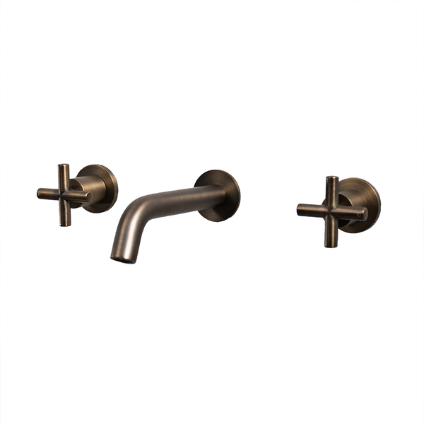 Alma Brushed Vintage Antique Brass Cross Tap Handles and Wall Spout Set