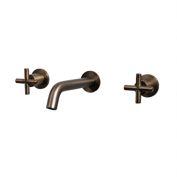 Alma Brushed Vintage Antique Brass Cross Tap Handles and Wall Spout Set