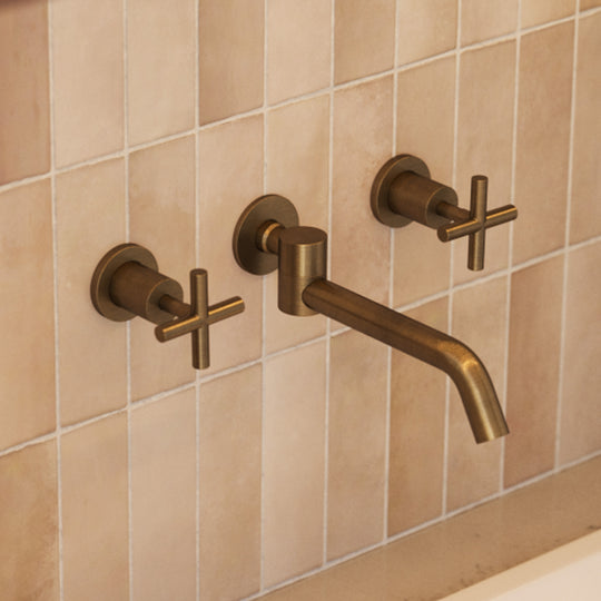 Brushed Vintage Antique Brass Cross Tap Handles and Swivel Wall Spout Set