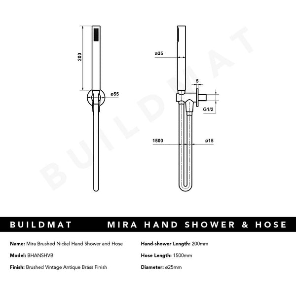 Alma Mira Brushed Vintage Antique Brass Hand Shower and Hose