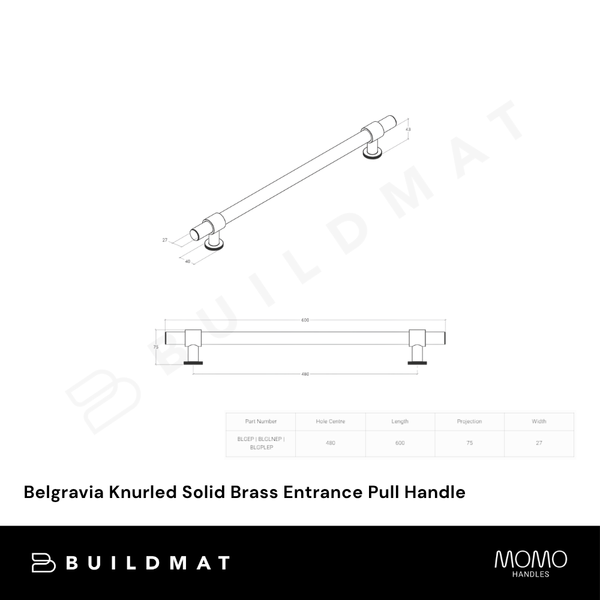 Momo Handles Belgravia Knurled Solid Brass Entrance Pull Handle Brushed Satin Brass