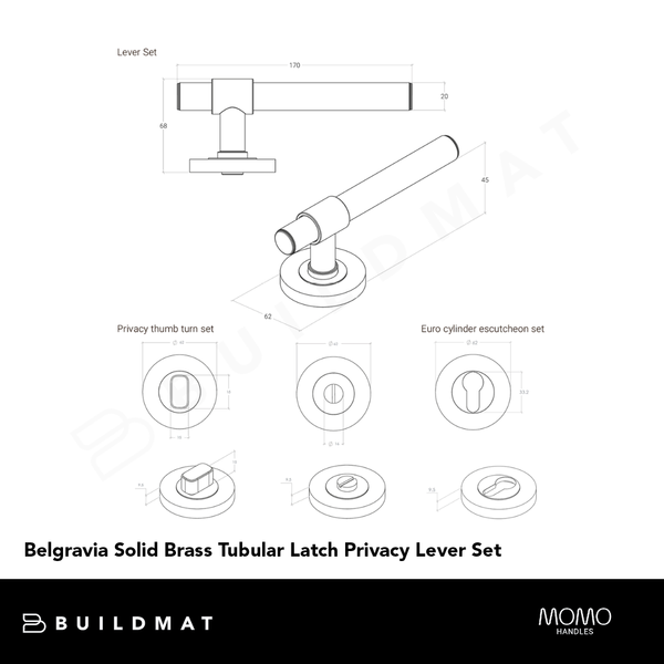 Momo Belgravia Solid Brass Tubular Latch Privacy Lever Set Brushed Satin Brass