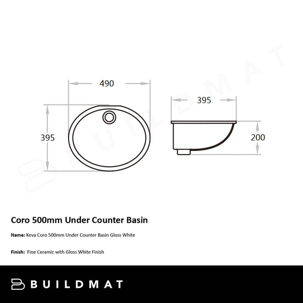 Keva Coro 500mm Under Counter Basin Gloss White