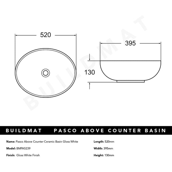 Alma Pasco Gloss White Above Counter Ceramic Basin