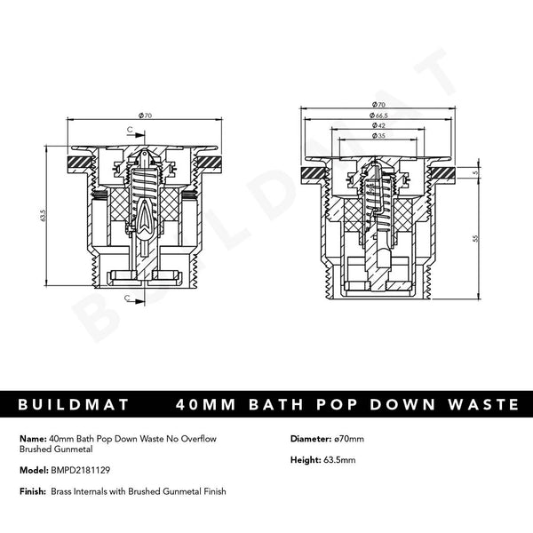 Art Australia Brushed Gunmetal 40mm Bath Pop Down Waste No Overflow