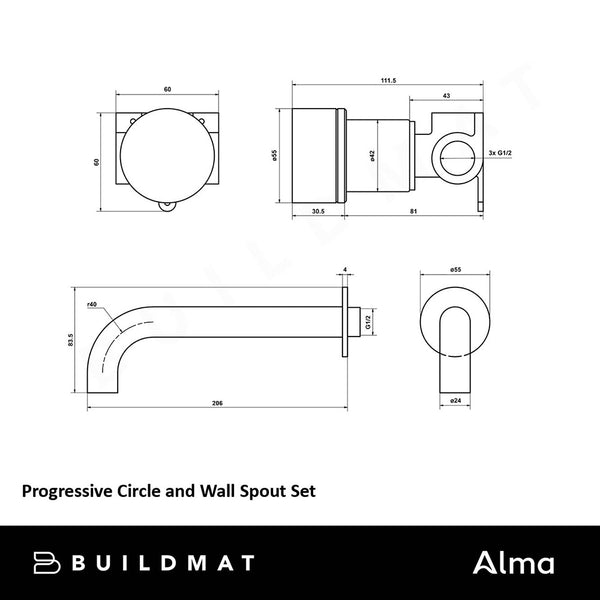 Alma Brushed Vintage Antique Brass Progressive Circle and Wall Spout Set