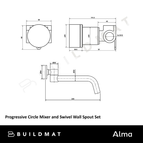 Alma Brushed Gunmetal Progressive Circle Mixer and Swivel Wall Spout Set