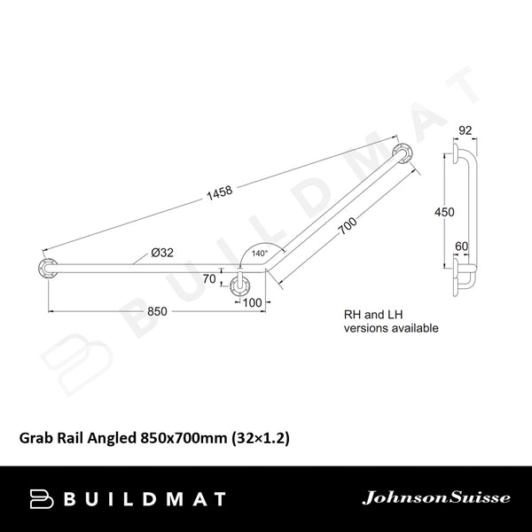Johnson Suisse Grab Rail Angled 850x700mm Right Hand Side Stainless Steel