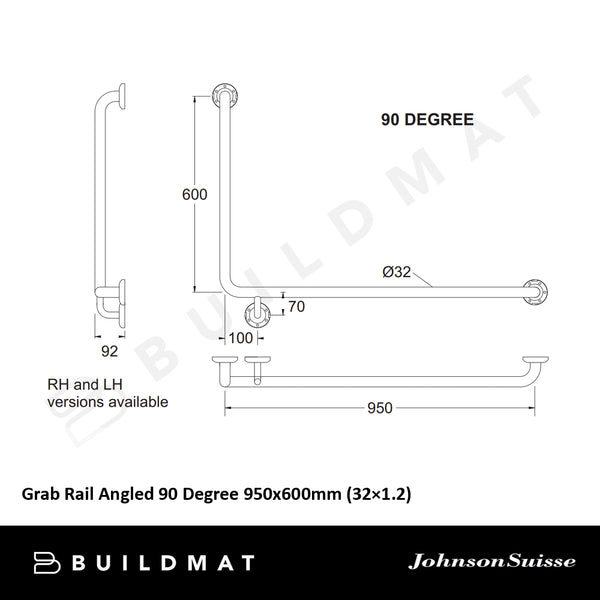 Johnson Suisse Grab Rail Angled 90 Degree 950x600mm Right Hand Side Stainless Steel