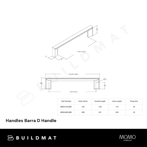 Momo Handles Barra D Handle 128mm Brushed Matte Brass