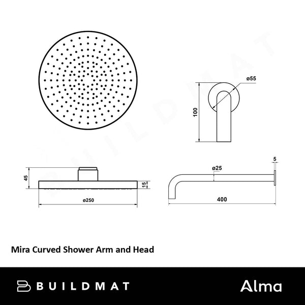 Alma Mira Matte Black Curved Shower Arm and Head