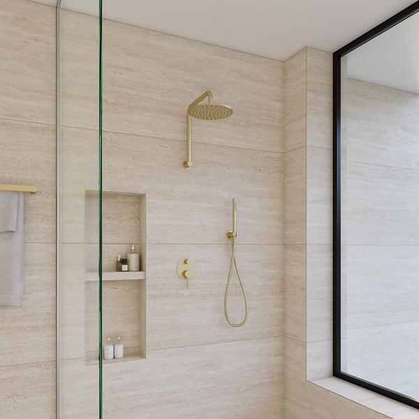 Alma Mira Brushed Brass Gold High Rise Upswept Shower Arm