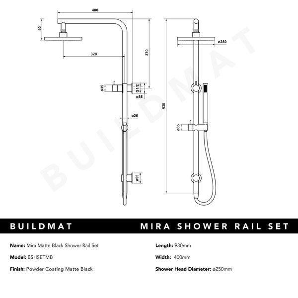 Alma Mira Matte Black Shower Rail Twin Set