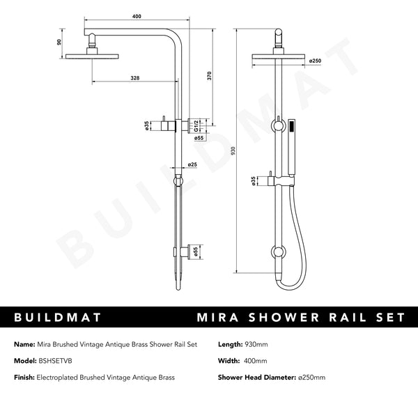 Alma Mira Brushed Vintage Antique Brass Shower Rail Twin Set