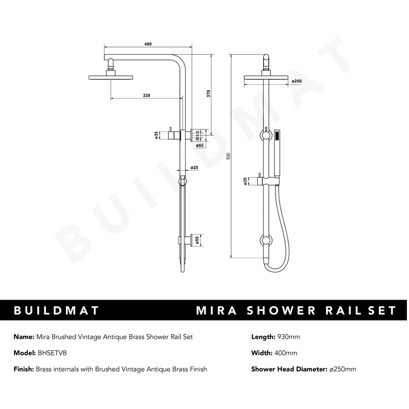 Mira Brushed Vintage Antique Brass Shower Rail Twin Set
