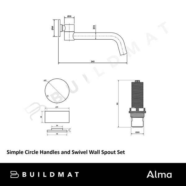 Alma Brushed Brass Gold Simple Circle Handles and Swivel Wall Spout Set