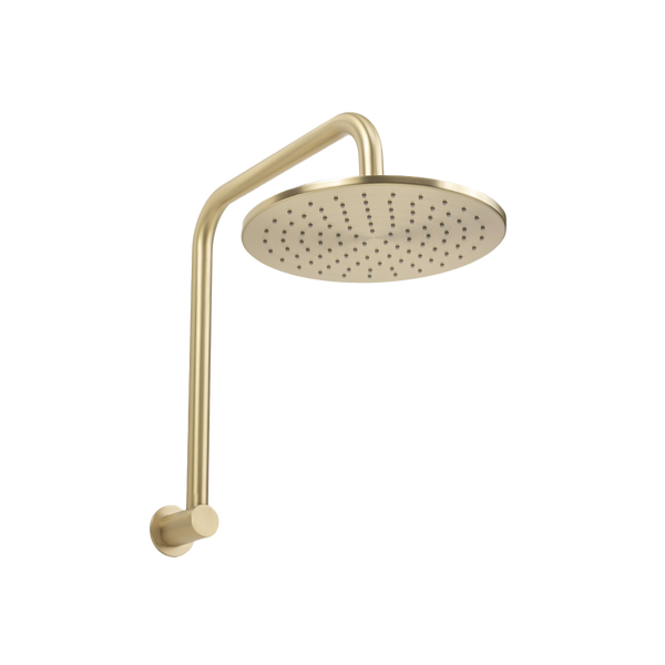 Alma Mira Brushed Brass Gold High Rise Upswept Shower Arm and Head