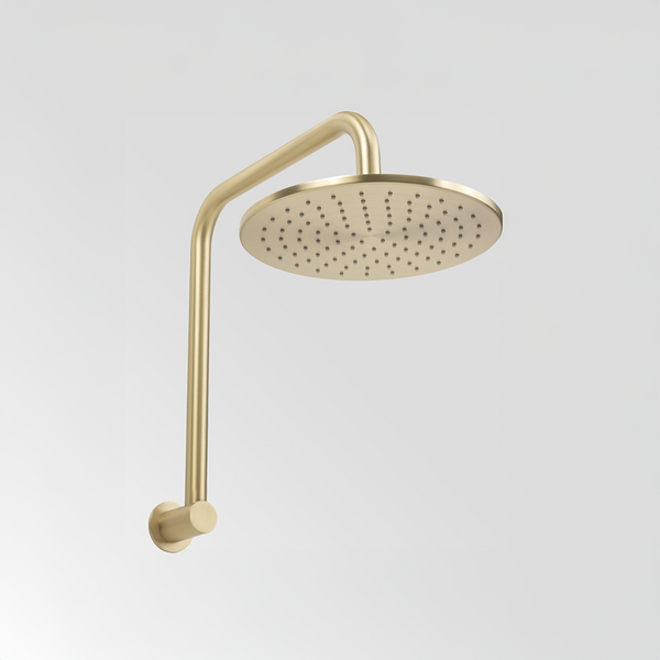 Alma Mira Brushed Brass Gold High Rise Upswept Shower Arm and Head
