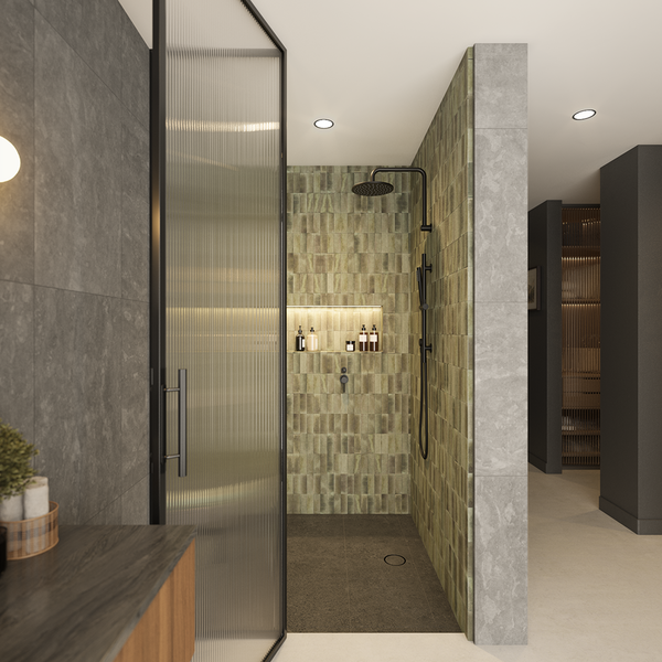 Alma Mira Matte Black High Rise Upswept Shower Arm and Head