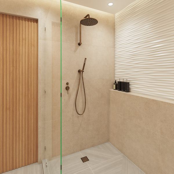 Alma Mira Brushed Vintage Antique Brass High Rise Upswept Shower Arm and Head