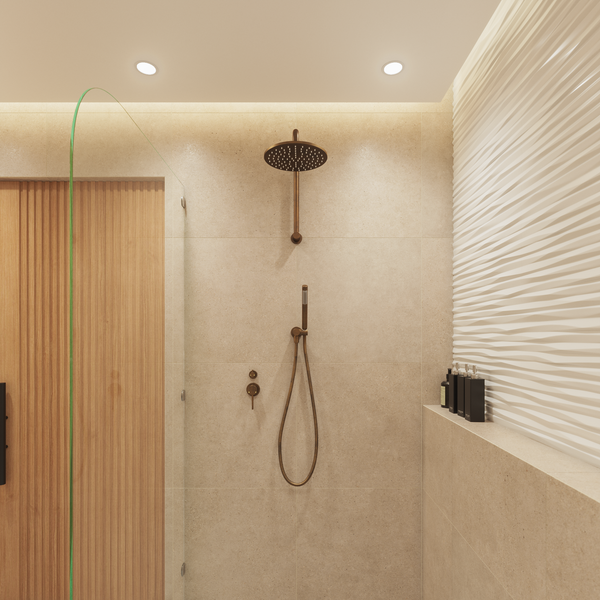 Alma Mira Brushed Vintage Antique Brass High Rise Upswept Shower Arm and Head