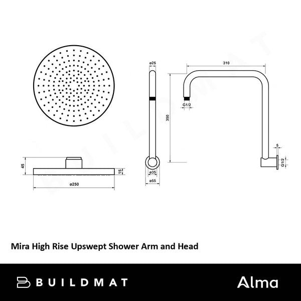 Alma Mira Brushed Vintage Antique Brass High Rise Upswept Shower Arm and Head