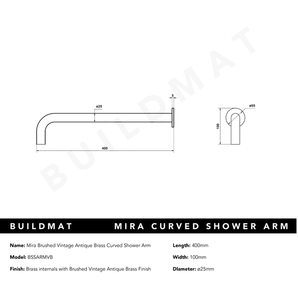 Alma Mira Brushed Vintage Antique Brass Curved Shower Arm