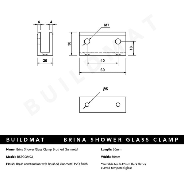 Alma Brina Shower Glass Clamp Brushed Gunmetal