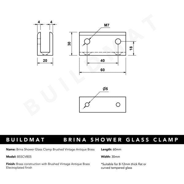 Alma Brina Shower Glass Clamp Brushed Vintage Antique Brass