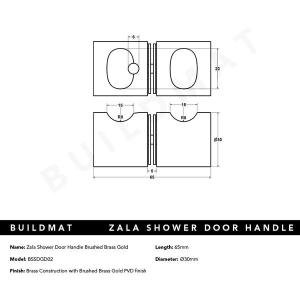 Alma Zala Shower Door Handle Brushed Brass Gold