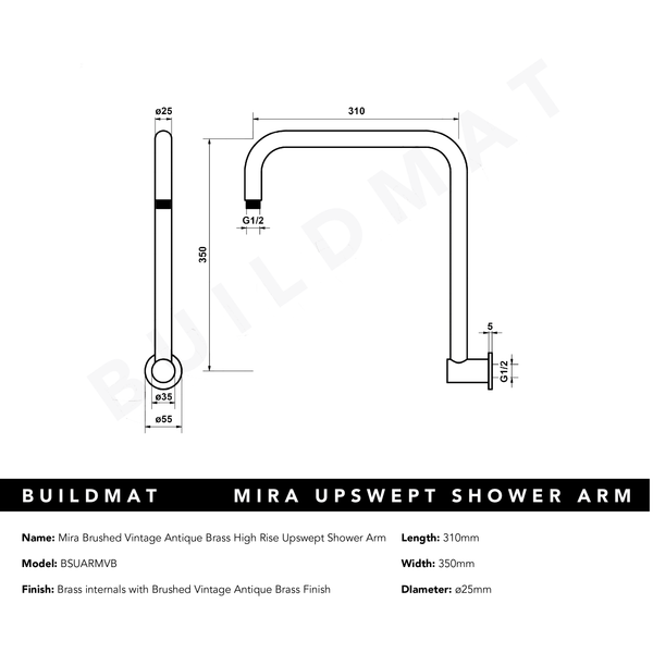 Alma Mira Brushed Vintage Antique Brass High Rise Upswept Shower Arm