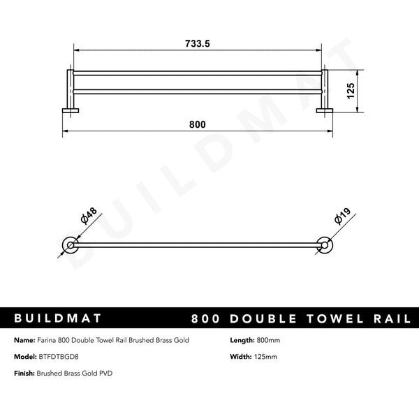 Alma Farina 800 Double Towel Rail Brushed Brass Gold