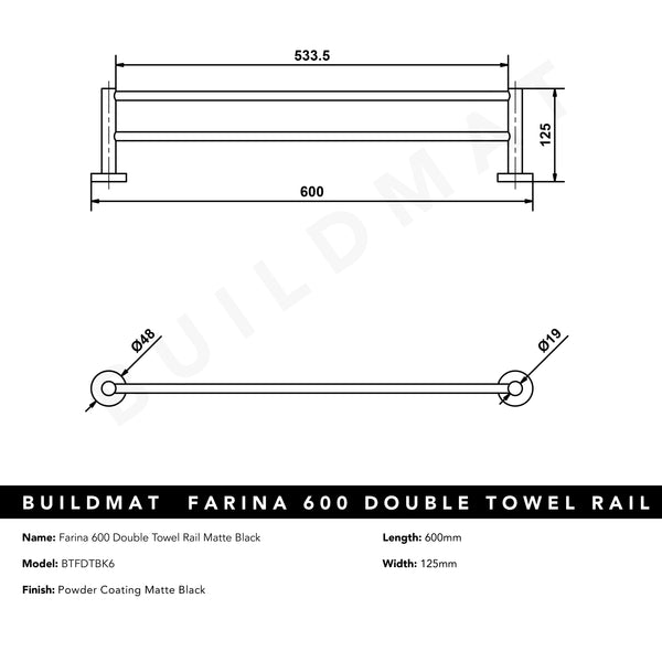 Alma Farina 600 Double Towel Rail Matte Black