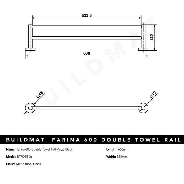 Alma Farina 600 Double Towel Rail Matte Black
