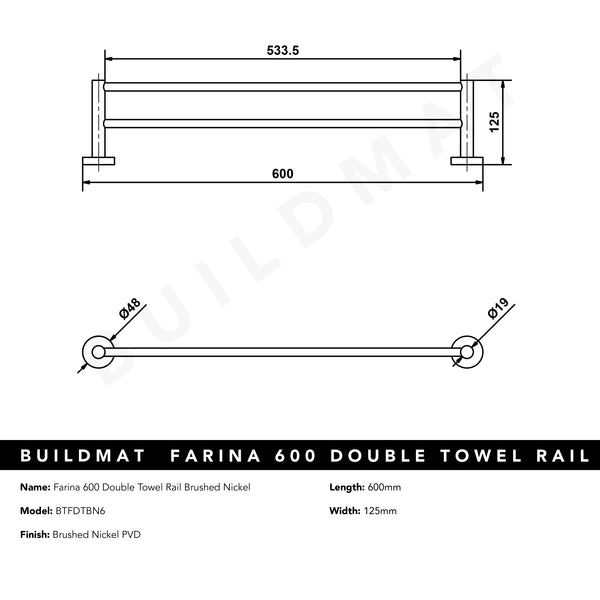 Alma Farina 600 Double Towel Rail Brushed Nickel