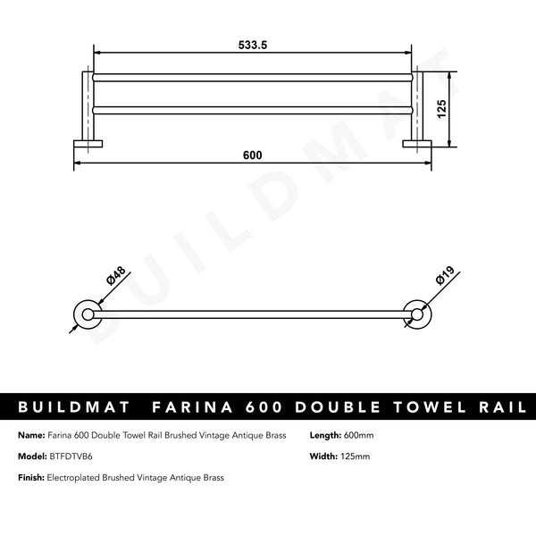 Alma Farina 600 Double Towel Rail Brushed Vintage Antique Brass