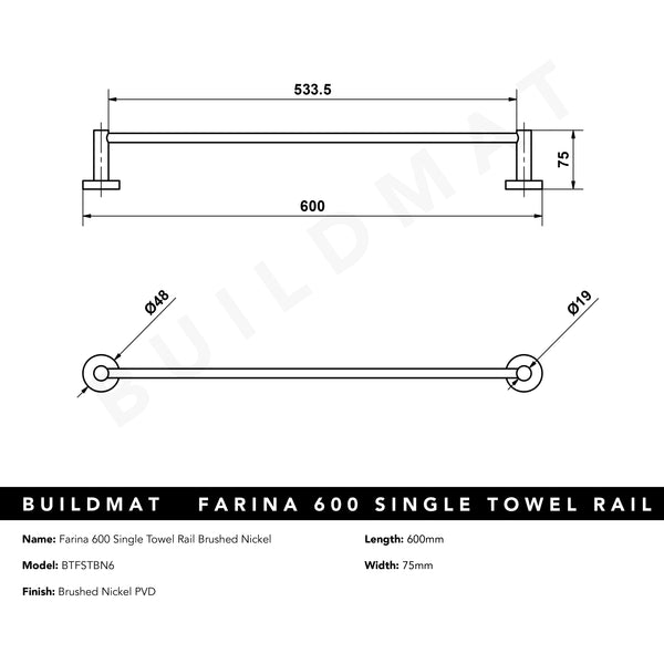 Alma Farina 600 Single Towel Rail Brushed Nickel