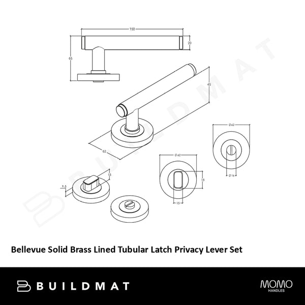 Momo Bellevue Solid Brass Lined Tubular Latch Privacy Lever Set in Dark Brushed Brass