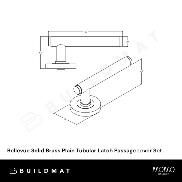 Momo Handles Bellevue Solid Brass Plain Tubular Latch Passage Lever Set in Dull Brushed Nickel
