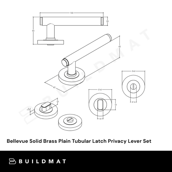 Momo Handles Bellevue Solid Brass Plain Tubular Latch Privacy Lever Set in Dull Brushed Nickel
