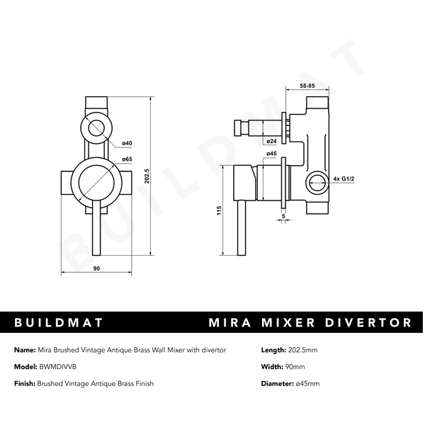 Alma Mira Brushed Vintage Antique Brass Wall Mixer with divertor