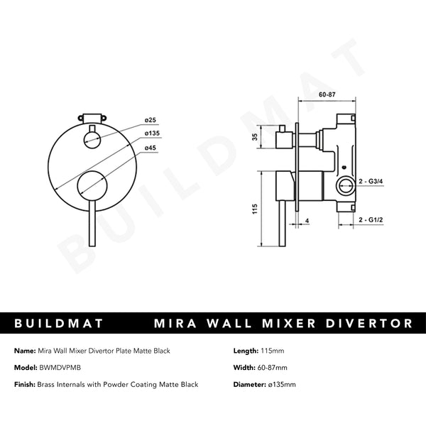 Alma Mira Matte Black Wall Mixer Divertor Plate