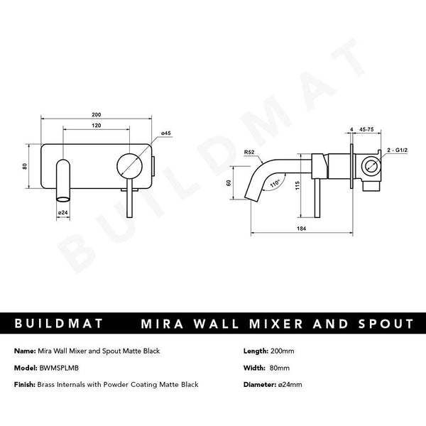 Alma Mira Matte Black Wall Mixer and Spout