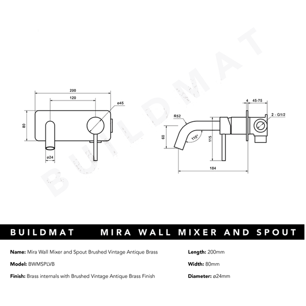Alma Mira Brushed Vintage Antique Brass Wall Mixer and Spout
