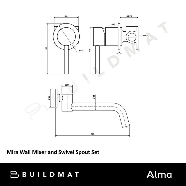 Alma Matte Black Mira Wall Mixer and Swivel Spout Set